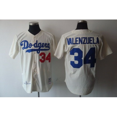 Mitchell and Ness Dodgers #34 Fernando Valenzuela Stitched Cream MLB Jersey