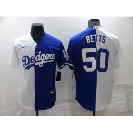 Men's Los Angeles Dodgers #50 Mookie Betts White/Blue Split Cool Base Stitched Baseball Jersey