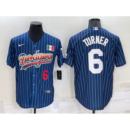 Men's Los Angeles Dodgers #6 Trea Turner Navy Mexico Rainbow Cool Base Stitched Baseball Jersey