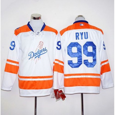 Dodgers #99 Hyun-Jin Ryu White/Orange Long Sleeve Stitched MLB Jersey