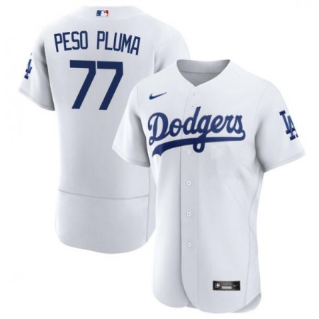 Men's Los Angeles Dodgers #77 Peso Pluma White Flex Base Stitched Baseball Jersey