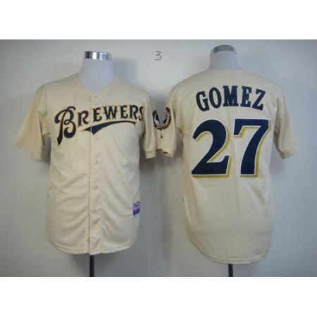 Brewers #27 Carlos Gomez Cream YOUNinorm Cool Base Stitched MLB Jersey