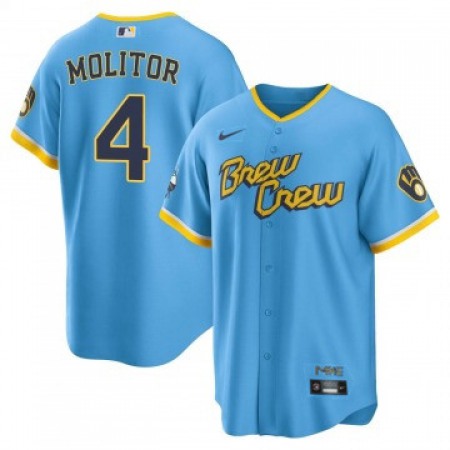 Men's Milwaukee Brewers #4 Paul Molitor 2022 Powder Blue City Connect Cool Base Stitched Jersey