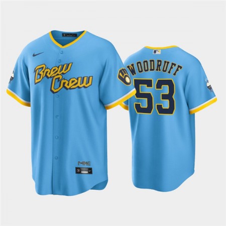 Men's Milwaukee Brewers #53 Brandon Woodruff 2022 Powder Blue City Connect Cool Base Stitched Jersey