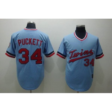 Mitchelland Ness Twins #34 Kirby Puckett Stitched Light Blue Throwback MLB Jersey