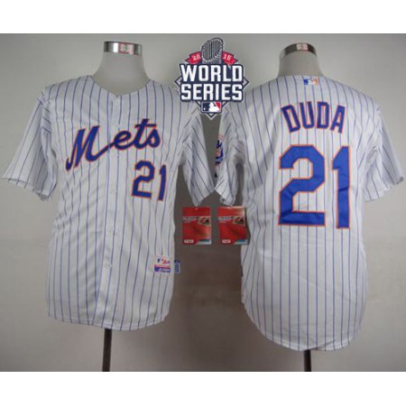 Mets #21 Lucas Duda White(Blue Strip) Home Cool Base W/2015 World Series Patch Stitched MLB Jersey