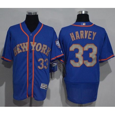 Mets #33 Matt Harvey Blue(Grey NO.) Flexbase Authentic Collection Stitched MLB Jersey