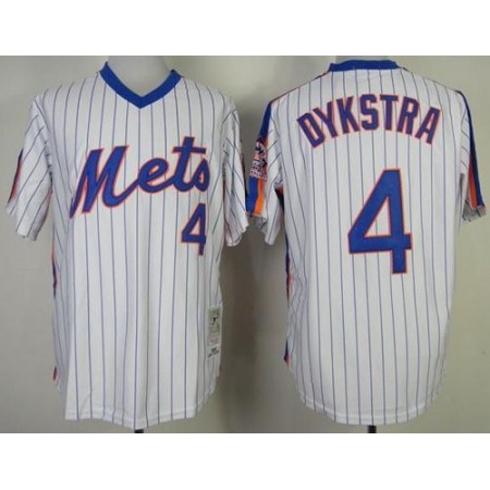 Mitchell and Ness Mets #4 Len Dykstra White Blue Strip Stitched MLB Jersey