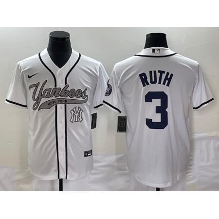 Men's New York Yankees #3 Babe Ruth White With Patch Cool Base Stitched Baseball Jersey