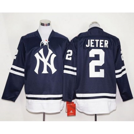 Yankees #2 Derek Jeter Navy Blue Long Sleeve Stitched MLB Jersey