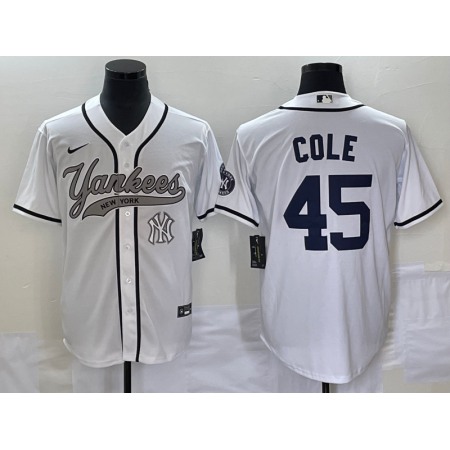 Men's New York Yankees #45 Gerrit Cole White With Patch Cool Base Stitched Baseball Jersey