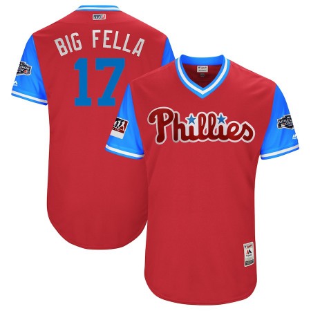 Men's Philadelphia Phillies #17 Rhys Hoskins "Big Fella" Majestic Red/Light Blue 2018 MLB Little League Classic Stitched MLB Jersey
