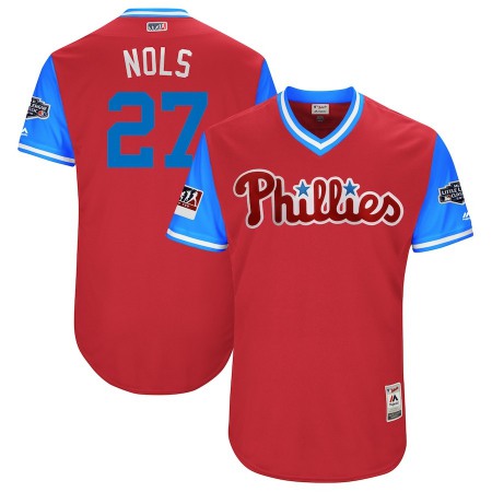 Men's Philadelphia Phillies #27 Aaron Nola "Nols" Majestic Red/Light Blue 2018 MLB Little League Classic Stitched MLB Jersey