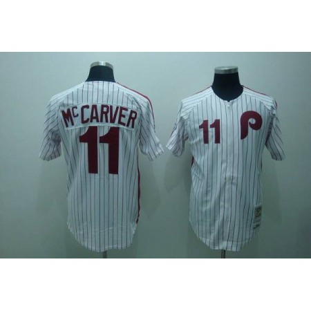 Mitchell and Ness Phillies #11 Tim McCarver Stitched White Red Strip MLB Jersey