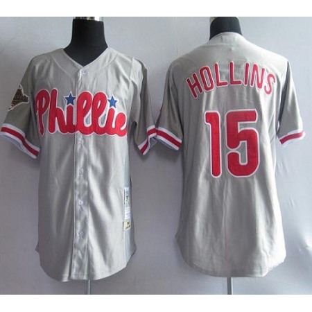 Mitchell and Ness Phillies #15 Dave Hollins Grey Stitched Throwback MLB Jersey
