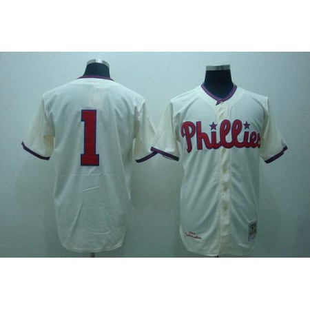 Mitchell and Ness Phillies #1 Richie Ashburn Stitched Cream Throwback MLB Jersey