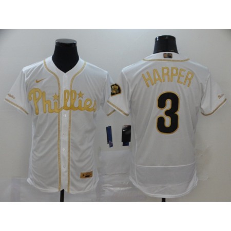 Men's Philadelphia Phillies #3 Bryce Harper White Golden Stitched MLB Jersey