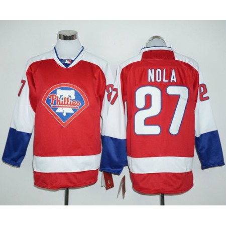 Phillies #27 Aaron Nola Red Long Sleeve Stitched MLB Jersey