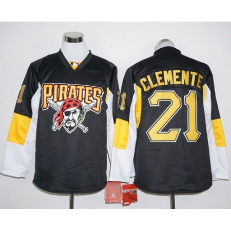 Pirates #21 Roberto Clemente Black Long Sleeve Stitched MLB Jersey