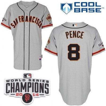 Giants #8 Hunter Pence Grey Road Cool Base W/2014 World Series Champions Patch Stitched MLB Jersey