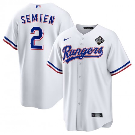 Men's Texas Rangers #2 Marcus Semien 2023 White World Series Stitched Baseball Jersey