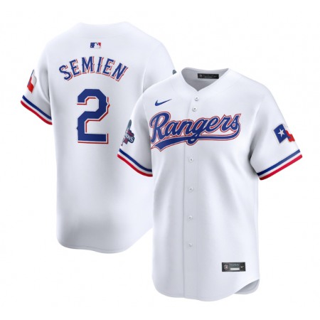 Men's Texas Rangers #2 Marcus Semien White 2023 World Series Champions Stitched Baseball Jersey