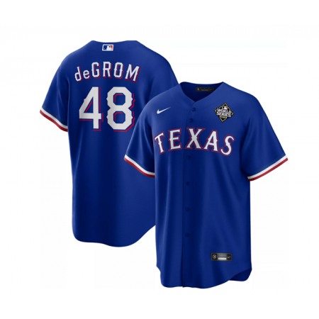 Men's Texas Rangers #48 Jacob deGrom Royal 2023 World Series Cool Base Stitched Baseball Jersey