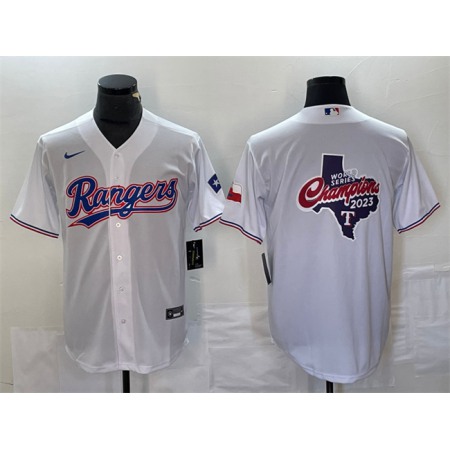 Men's Texas Rangers White 2023 World Series Champions Big Logo With Patch Cool Base Stitched Baseball Jersey