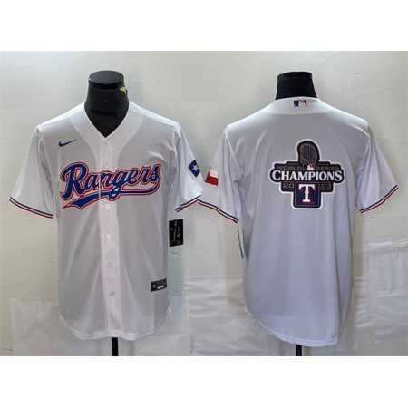 Men's Texas Rangers White 2023 World Series Champions Big Logo With Patch Cool Base Stitched Baseball Jersey