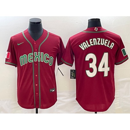Men's Mexico Baseball #34 Fernando Valenzuela 2023 Red World Baseball Classic Stitched Jersey