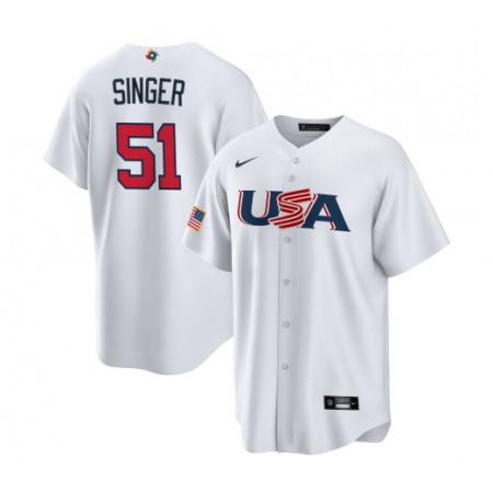 Men's USA Baseball #51 Brady Singer 2023 White World Baseball Classic Stitched Jersey
