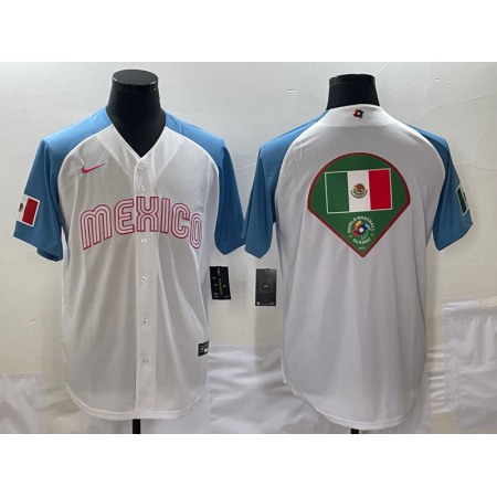 Men's Mexico Baseball 2023 White Blue World Baseball Big Logo Classic Stitched Jersey