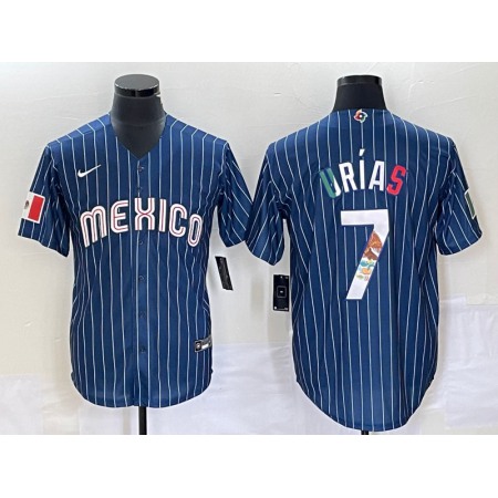 Men's Mexico Baseball #7 Julio Urias 2023 Navy World Baseball Classic Stitched Jersey