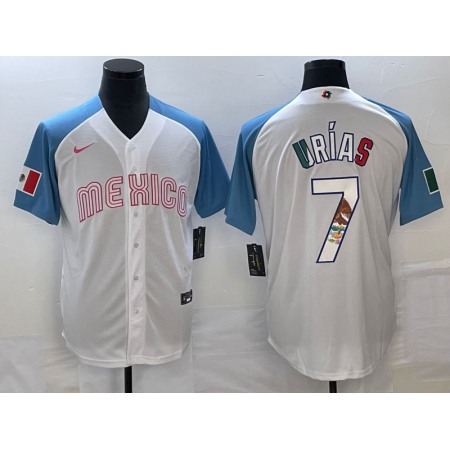 Men's Mexico Baseball #7 Julio Urias 2023 White Blue World Baseball Classic Stitched Jersey