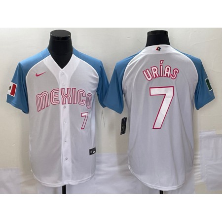 Men's Mexico Baseball #7 Julio Urias 2023 White Blue World Baseball Classic Stitched Jersey