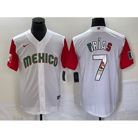 Men's Mexico Baseball #7 Julio Urias 2023 White Red World Baseball With Patch Classic Stitched Jersey