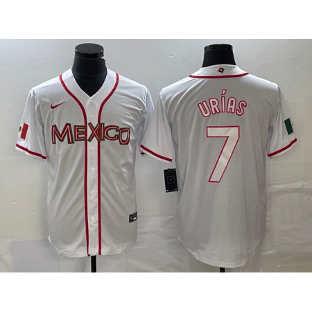 Men's Mexico Baseball #7 Julio Urias 2023 White World Baseball With Patch Classic Stitched Jersey