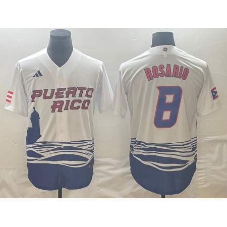 Men's Puerto Rico Baseball #8 Eddie Rosario 2023 White World Baseball Classic Stitched Jersey