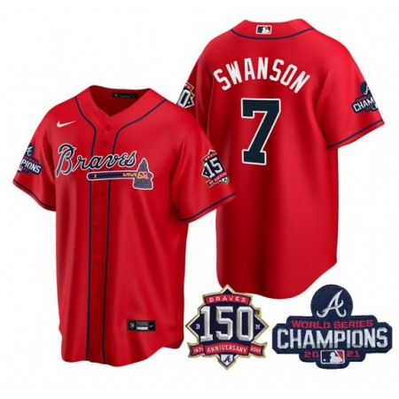 Women's Atlanta Braves #7 Dansby Swanson 2021 Red World Series Champions With 150th Anniversary Patch Cool Base Stitched Jersey(Run Small)