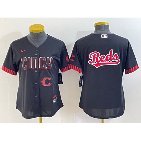 Women's Cincinnati Reds Black Team Big Logo 2023 City Connect With Patch Stitched Baseball Jersey(Run Small)