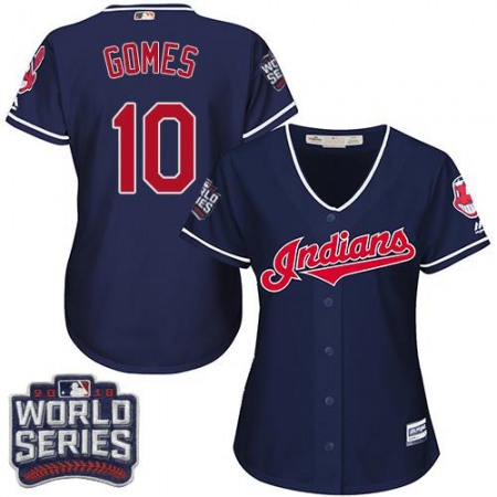 indians #10 Yan Gomes Navy Blue 2016 World Series Bound Women's Alternate Stitched MLB Jersey