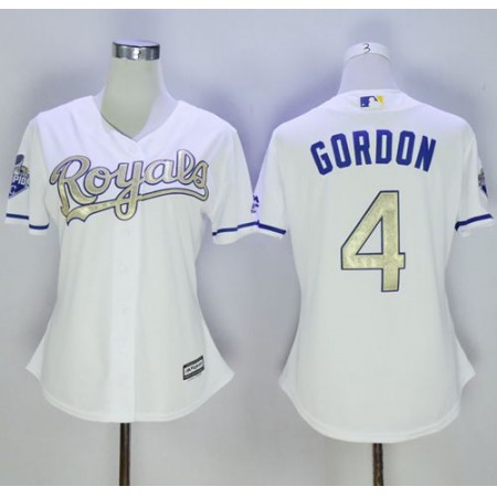 Royals #4 Alex Gordon White 2015 World Series Champions Gold Program Cool Base Women's Stitched MLB Jersey