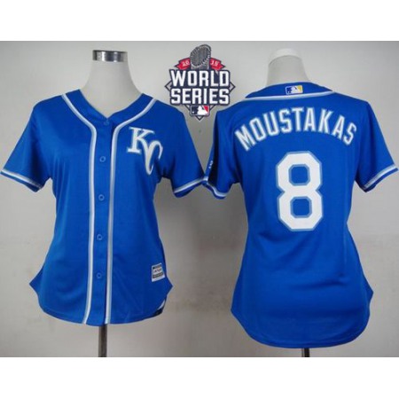 Royals #8 Mike Moustakas Blue Alternate 2 W/2015 World Series Patch Women's Stitched MLB Jersey