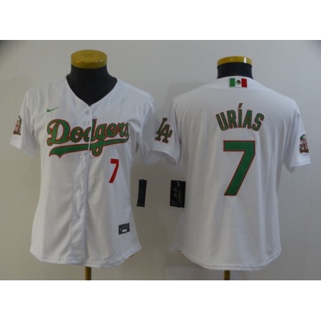 Women Los Angeles Dodgers #7 Julio Urias White Green 2020 World Series Stitched Jersey