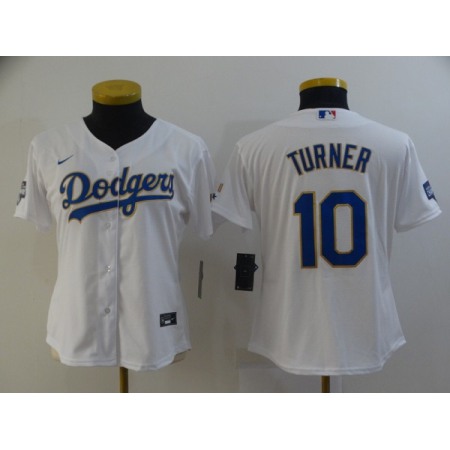 Women's Los Angeles Dodgers #10 Justin Turner White Gold Championship Cool Base Stitched Jersey(Run Small)