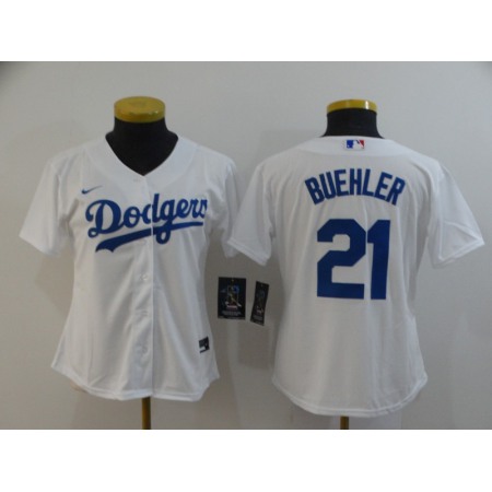 Women's Los Angeles Dodgers #21 Walker Buehler White Cool Base Stitched MLB Jersey(Run Small)