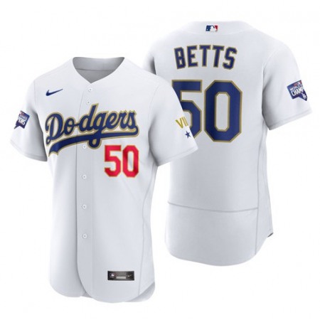 Women's Los Angeles Dodgers #50 Mookie Betts White Gold Championship Stitched MLB Jersey(Run Small)