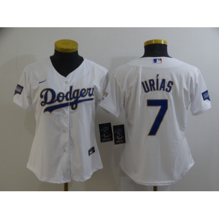 Women's Los Angeles Dodgers #7 Julio Urias White Gold Championship Cool Base Stitched Jersey(Run Small)