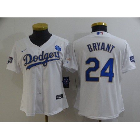 Women's Los Angeles Dodgers Front #8 Back #24 Kobe Bryant White Gold Championship Cool Base Stitched Jersey(Run Small)