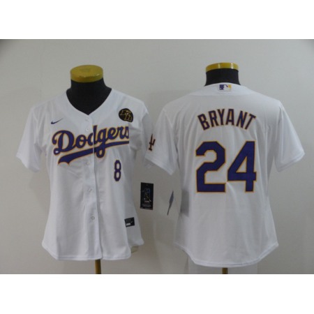 Women's Los Angeles Dodgers Front #8 Back #24 Kobe Bryant White With KB Patch Cool Base Stitched Jersey(Run Small)